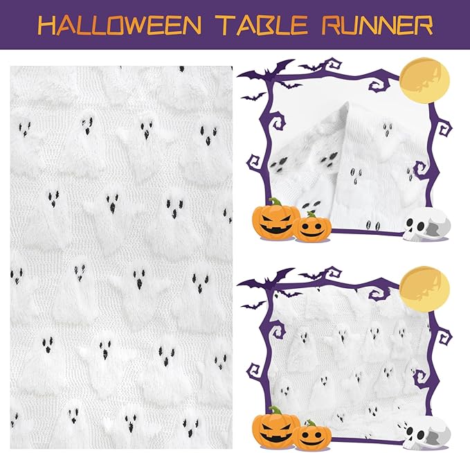 Halloween Table Runner Ghost Soft Plush Faux Fur Halloween Table Runner Hallowee Home Decor, Holiday Kitchen Dining Table Decoration for Home Party Decor 13x72 Inch-Ruum Studio Home