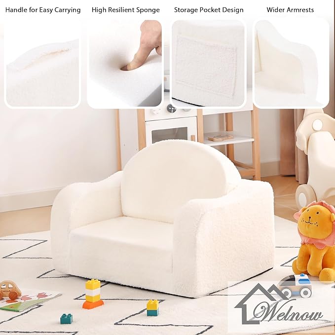 Welnow 2-in-1 Kids Sofa Chair, Convertible Toddler Chair Flip Out Children Sofa Chair with Wave Armrests Folding Kids Play Sofa with Side Pockets & Removable Cover Armchair for Girl or Boy-Ruum Studio Home