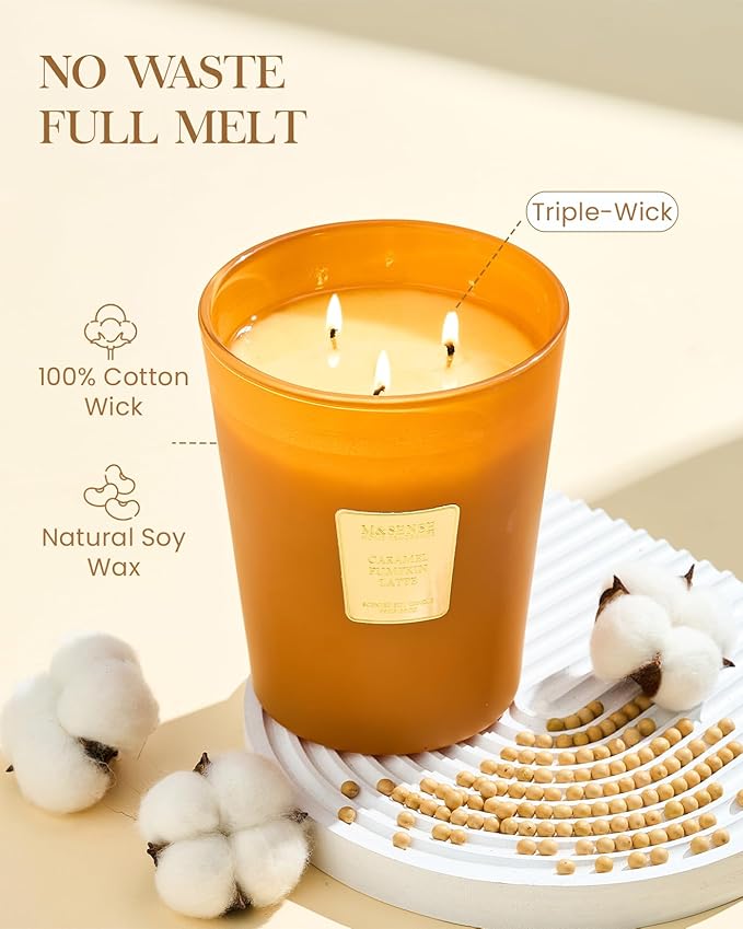 M&SENSE Large Candles Caramel Pumpkin Latte Scented, 3 Wick Natural Soy Candles for Home Scented, 150H Long Lasting Slow Burn Jar Candle 35oz, No Toxic Aromatherapy Candle for Stress Relief-Ruum Studio Home