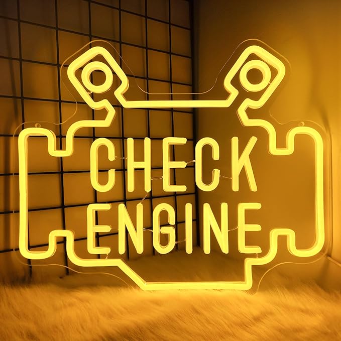Check Engine Neon Signs for wall decor, Garage Neon Sign for Man Cave, Piston Engine Led Light Signs with Dimmer, Piston Decoration USB Powered with Switch-Ruum Studio Home