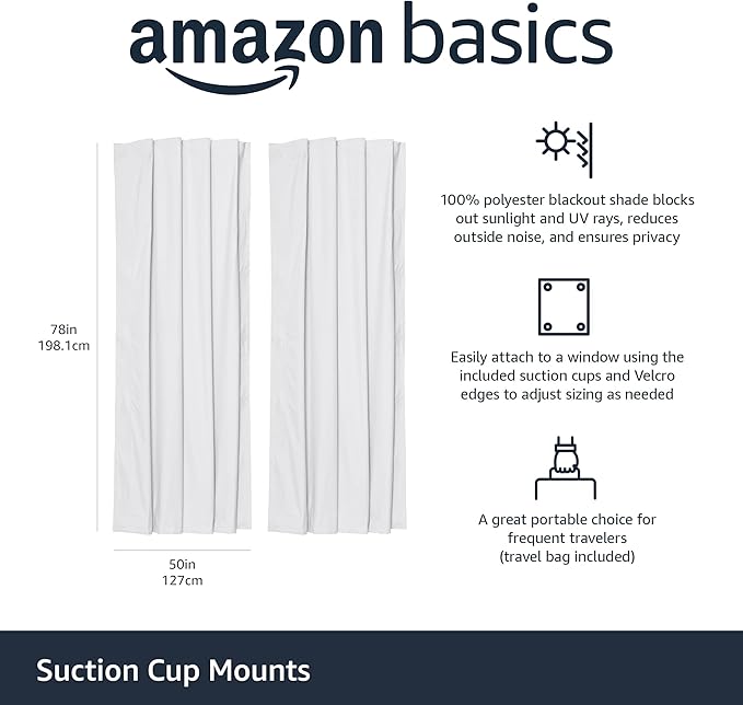 Amazon Basics Portable Blackout Curtain Shade with Suction Cups, 50"W x 78"L, 2-Pack, White-Ruum Studio Home