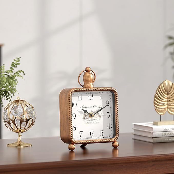 Vintage Gold Table Clock on Stand, Desk and Shelf Decor Clock, French Rustic Style Non-Ticking Mantel Clocks for Farmhouse, Living Room, Bedroom, Bedside, Gift (8.5" H x 5.5" W)-Ruum Studio Home