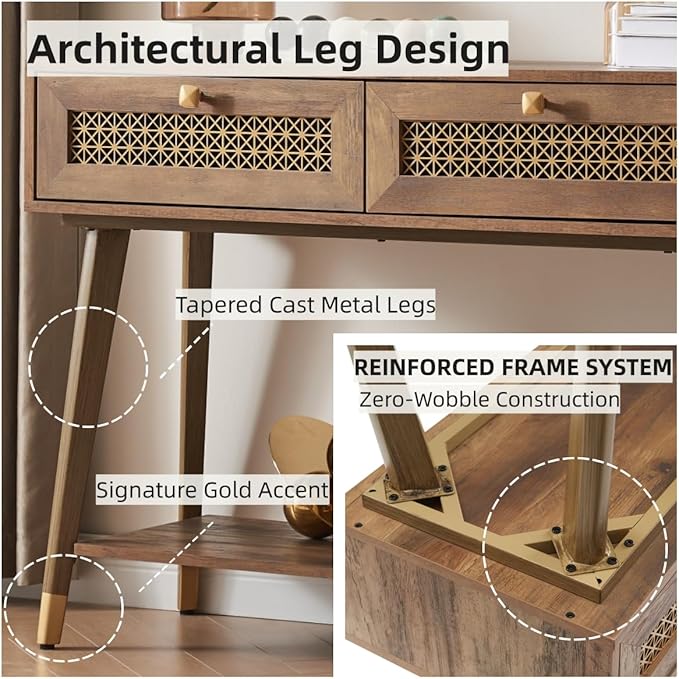 Narrow Sofa Table with Two Drawers and Shelf, Modern Style Wooden Console Table for Living Room, Entryway, Hallway, Rustic Oak-Ruum Studio Home