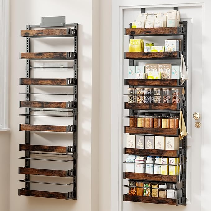8 Tier Over The Door Pantry Organizer, 2 IN 1 Wall Mount or Metal Hanging Spice Rack for Pantry Organizers and Storage, Seasoning Shelves，Adjustable Basket with Hooks for Kitchen, Bathroom,Laundry-Ruum Studio Home