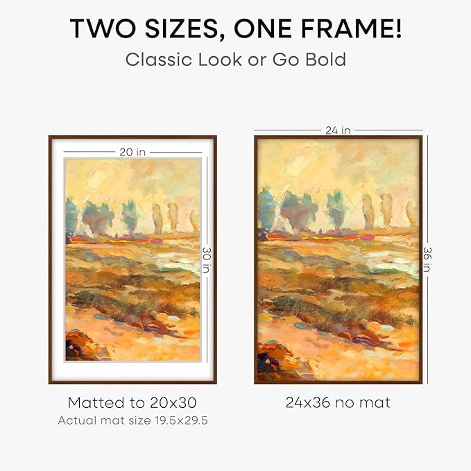 Homeforia 24x36 Walnut Wood Frame, High End Dark Oak 24x36 Large Wooden Poster Frame with Mat 20x30, 24 x 36 Brown Picture Frame Matted to 20 x 30, 36x24 Thin Frame, Tempered Glass, Wall Kit, Set of 1-Ruum Studio Home