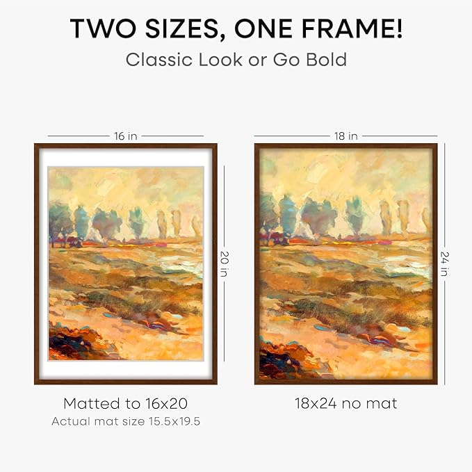 Homeforia 18x24 Walnut Poster Frame, High End Dark Oak 18x24 Brown Wooden Picture Frames with Mat 16x20, 18 x 24 Wood Frame Matted to 16 by 20, 24x18 Hanging Frames, Tempered Glass, Wall Kit, Set of 1-Ruum Studio Home
