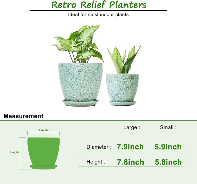 8 Inch + 6 Inch Plant Pots for Indoor Plants, Ceramic Planter with Drainage Hole and Saucers, Garden Pots for Succulent, Orchid, and Flower, Set of 2-Ruum Studio Home
