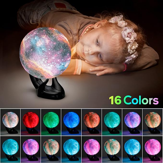 BRIGHTWORLD 7.1inch Galaxy Lamp 16 Colors Moon Lamp 3D Printing, Remote & Touch Control USB Rechargeable, Birthday Gifts for Women Room Decor Aesthetic（Black Hand Base）-Ruum Studio Home
