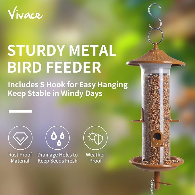 Vivace Hanging Bird Feeders, Easy to Fill 12" Tube Metal Bird Feeder for Outdoors, 4 Ports, with S Hook-Ruum Studio Home