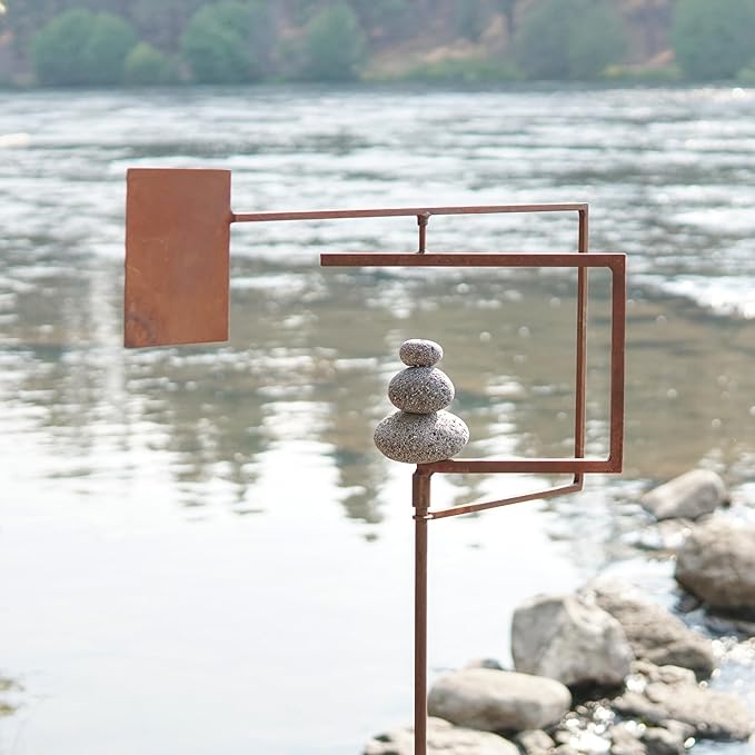 Modern Zen Garden Spinner Kinetic Wind Sculpture with Rock Cairn & Stake - Relaxing Outdoor Spinners for Yard and Garden - Handmade Outdoor Wind Art Vane Sculptures (Bare Steel)-Ruum Studio Home