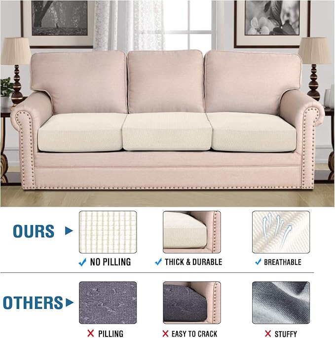 H.VERSAILTEX Super Stretch Individual Seat Sofa Covers Couch Slipcover Sets Thick Jacquard Textured Twill Fabric (3 Piece XL Sofa Cushion Covers, Natural)-Ruum Studio Home