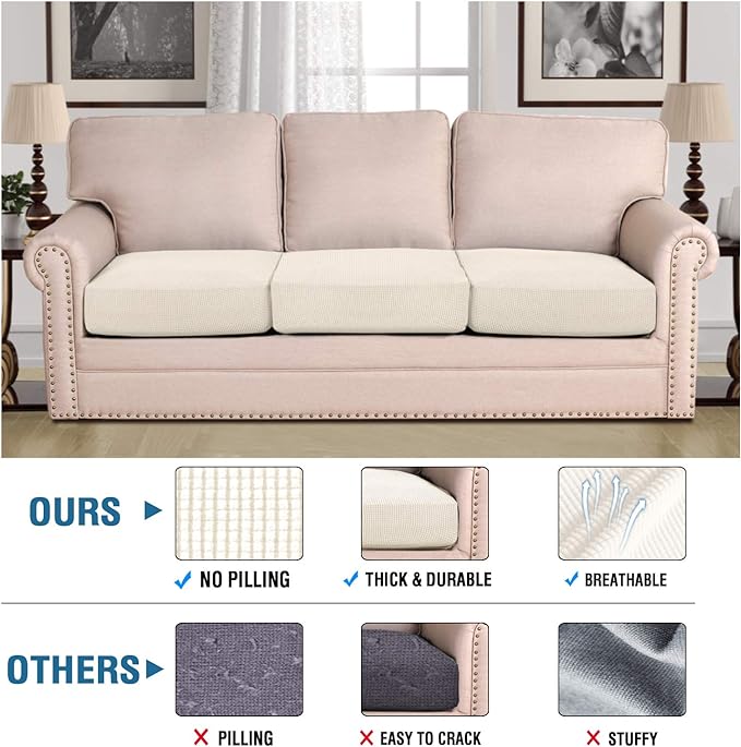 H.VERSAILTEX Super Stretch Individual Seat Cushion Cover Sofa Covers Couch Cushion Covers Slipcover Sets Thick Jacquard Textured Twill Fabric (3 Piece Sofa Cushion Covers, Natural)-Ruum Studio Home