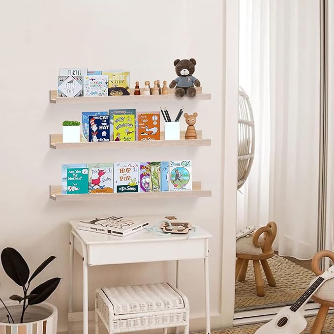 AZSKY Floating Picture Shelves 24 Inch a Set of 3 Wall Mount Long Narrow Photo Ledge Photo Frame Display Shelf Vintage Bookshelf for Nursery Mounting Hardware Included-Ruum Studio Home