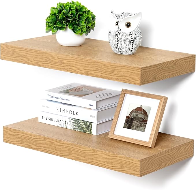 Deep Floating Shelves, 12 Inch Deep Rustic Floating Shelves Set of 2, 24 Inch Large Oak Wood Wall Mounted Shelves for Books Living Room Laundry Room Bedroom Kitchen Home Office - Oak-Ruum Studio Home