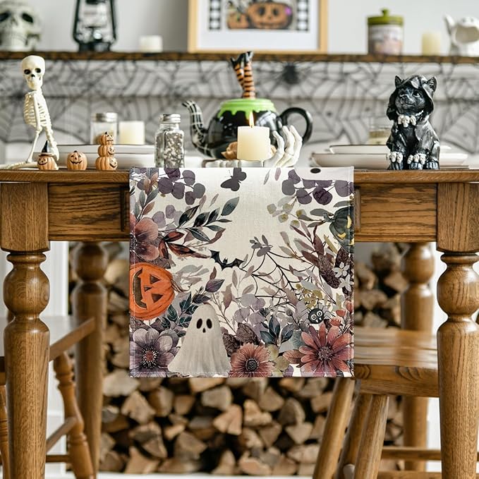 Artoid Mode Jack-O'-Lantern Pumpkin Floral Ghost Halloween Table Runner, Eucalyptus Kitchen Dining Table Decoration for Home Party Decor 13x108 Inch-Ruum Studio Home