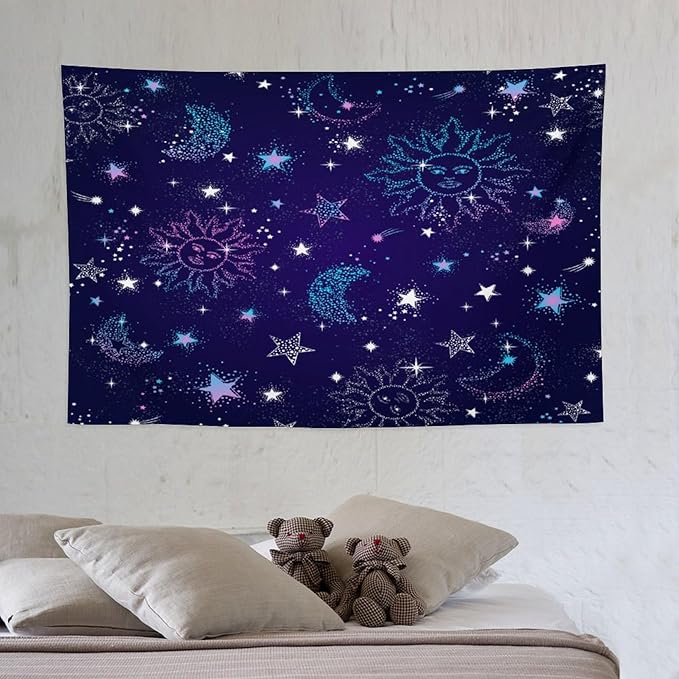 HZOHNAGO Boho Sun Moon Tapestry Purple Blue Sun Stars Galaxy Pattern Printed Wall Tapestry Wall Hanging for Bedroom Living Room Dorm 60" W x 40" H-Ruum Studio Home