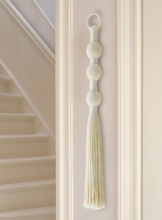 Macrame Wall Hanging Small Sphericity Cotton Textile Tassel Wall Hanging Fiber Yarn Art for Living Room Bedroom 27'' L x 2.3'' W-Ruum Studio Home