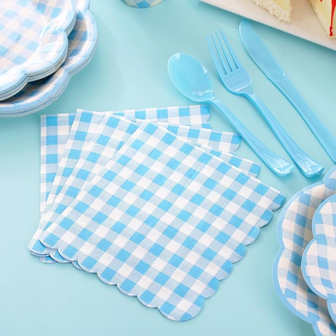 175 Pcs Blue Gingham Plates and Napkins Party Supplies - Blue and White Checkered Plates Sets Serve 25 Guests - Scalloped Gingham Paper Plate for Birthday Dinner Wedding Baby Shower Party Decorations-Ruum Studio Home