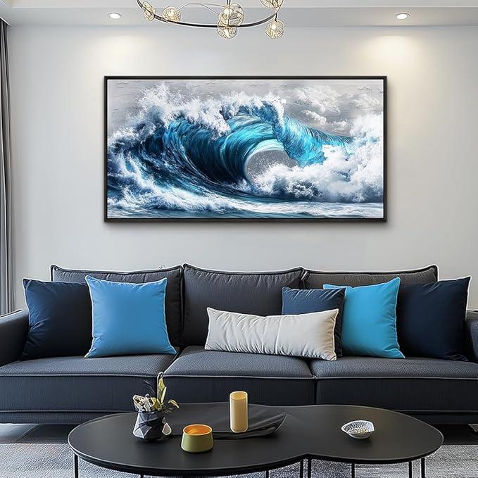 PHAOHUAXM Large Canvas Wall Art For Living Room Wall Decor For Bedroom Ocean Inspiration Wall Pictures Office Mural Decorations Posters Blue Wave Paintings Modern Home Decor Black Framed 24x48 In-Ruum Studio Home