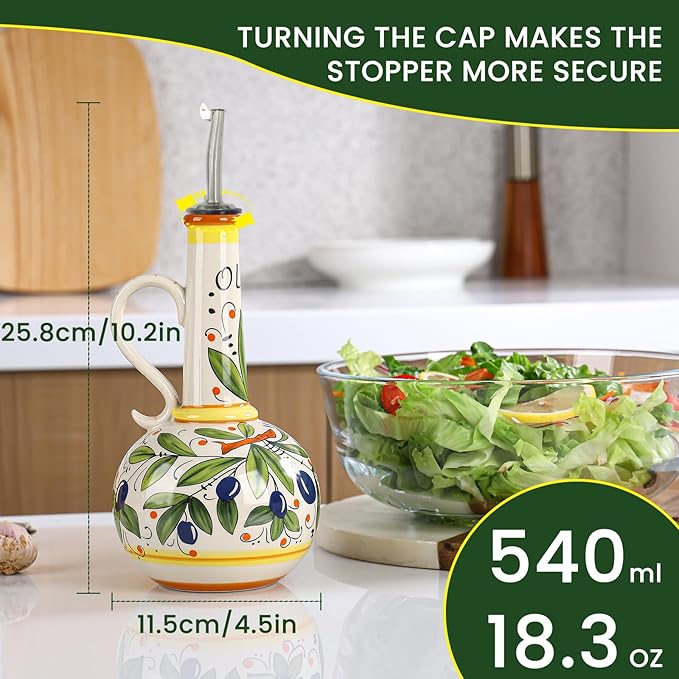 18 oz Ceramic Olive Oil Dispenser Bottle for Kitchen, Large Capacity Oli and Vinegar Cruet with Stainless Steel Spout, 540 ml Oil Container with Handle for Cooking Preventing, Vinegar Cruet-Ruum Studio Home