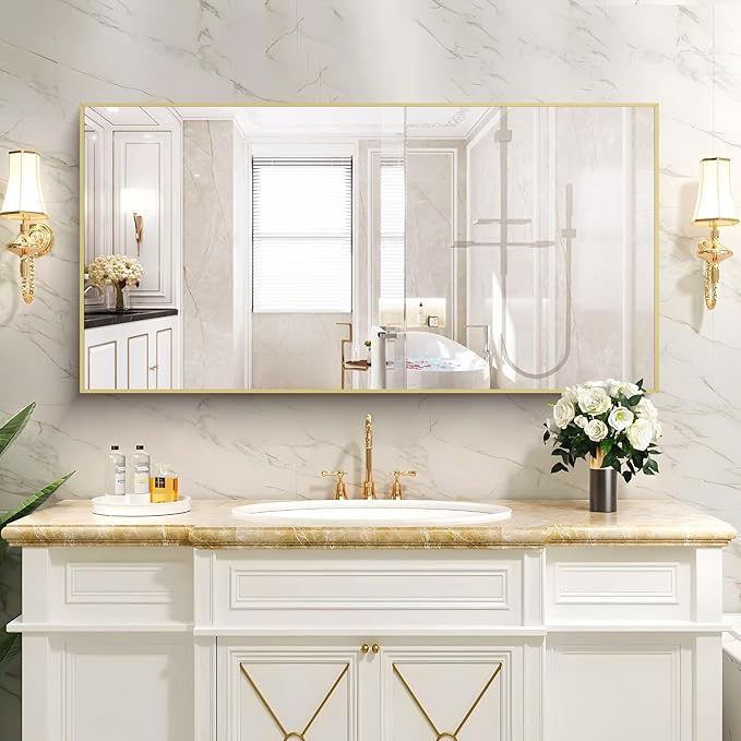 48x24In Gold Bathroom Mirror for Wall, Brushed Gold Rectangle Mirrors with Metal Frame, Bathroom Rectangular Mirror Modern Wall Mirror for Bedroom Living Room, Hangs Horizontal or Vertical-Ruum Studio Home
