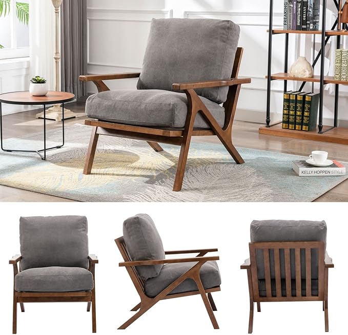 HNY Set of 2 Mid Century Accent Chair, Upholstered Armchair with Wood Frame and Canvas Cushions, Leisure Reading Chair Slipper Chair for Living Room, Bedroom, Gray-Ruum Studio Home