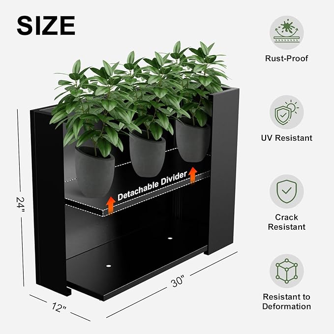 Metal Planter Box, Outdoor Heavy Duty Metal Garden Planter Spliced Flower Pot with Partitions, All-Weather Use with Drainage Holes for Patio/Porch-30 x 24" x 12"-Ruum Studio Home