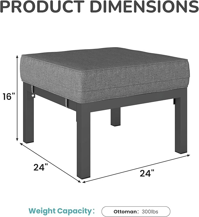 Solaste Outdoor Footstools Patio Ottoman Set of 2, Aluminum All-Weather Outdoor Footrest Seat with Removable Cushions, Patio Furniture Ottomans for Garden, Backyard, Poolside-Gray-Ruum Studio Home