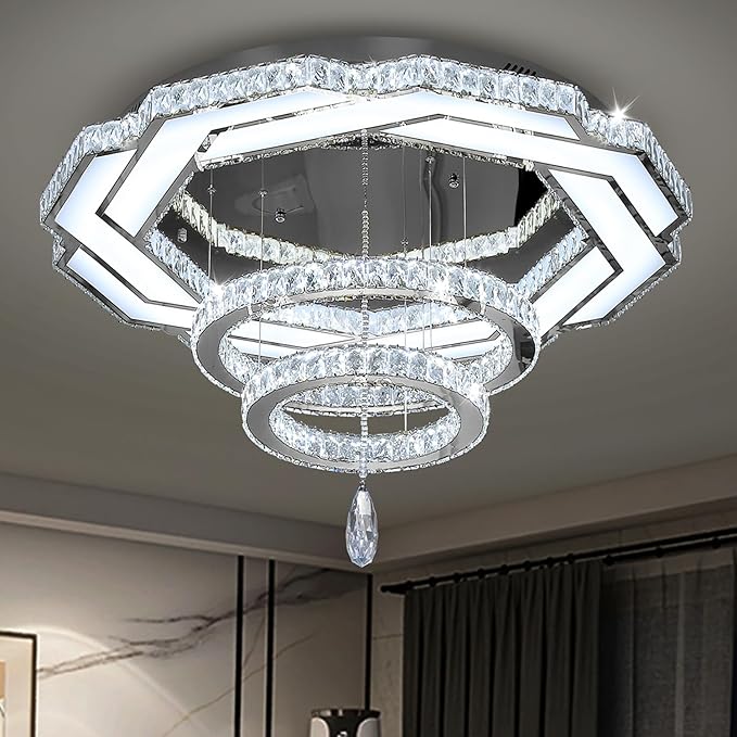 Flashing God Crystal Chandeliers Dia 32" Silver Elegant Chandelier Flush Mount Ceiling Light for Bedroom Living Room Dining Room Hallway Dimmable 3 Rings LED Celing Lighting Fixtures-Ruum Studio Home