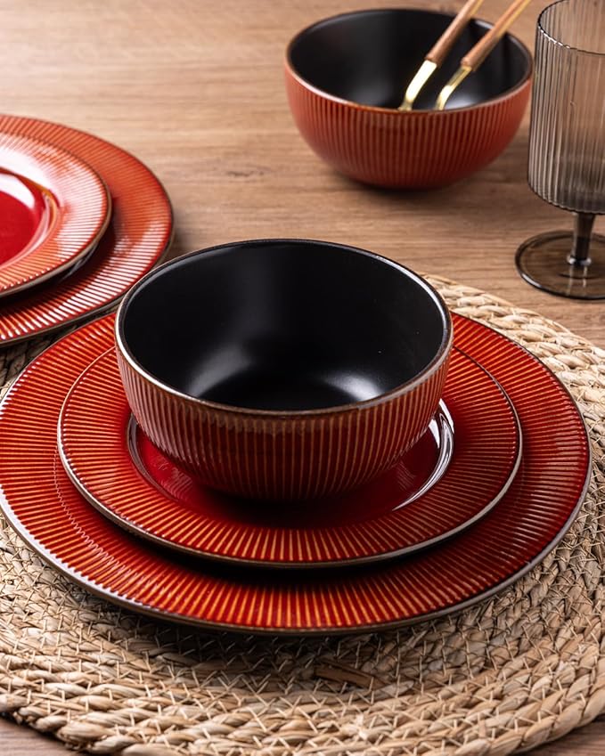 GBHOME Ceramic Dinnerware Sets,12 pcs Embossed Elegant Stoneware Plates and Bowls Sets, Housewarming Wedding Gift | Dishwasher & Microwave Safe | Dishes Set Service for 4-Ruum Studio Home