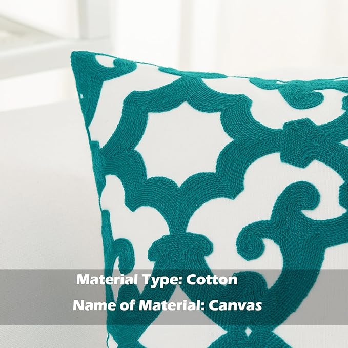 HWY 50 Teal Decorative Throw Pillow Covers 18x18 Inch (1 Piece), Embroidered Cotton Farmhouse Cushion Cover Pillow Case for Sofa Couch Living Room Bed, Geometric-Ruum Studio Home