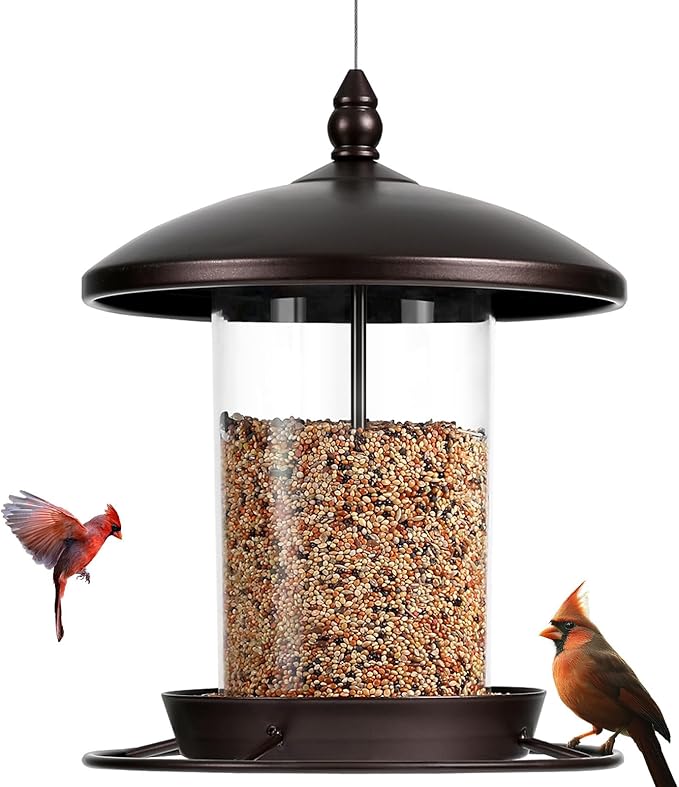 Metal Bird Feeder for Outdoors Hanging,3.0LB Seed Feeder,Easy to Fill & Clean,360° Feeding,Weatherproof Roof for Gardens and Wild Birds,Brown-Ruum Studio Home