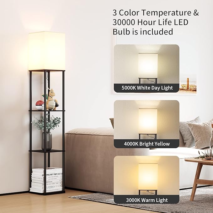SUNMORY Floor Lamp with Shelves, Modern Square Standing Lamp with 3 Color Temperature Bulb, Corner Display Bookshelf Lamp for Living Room and Bedroom(Black)-Ruum Studio Home