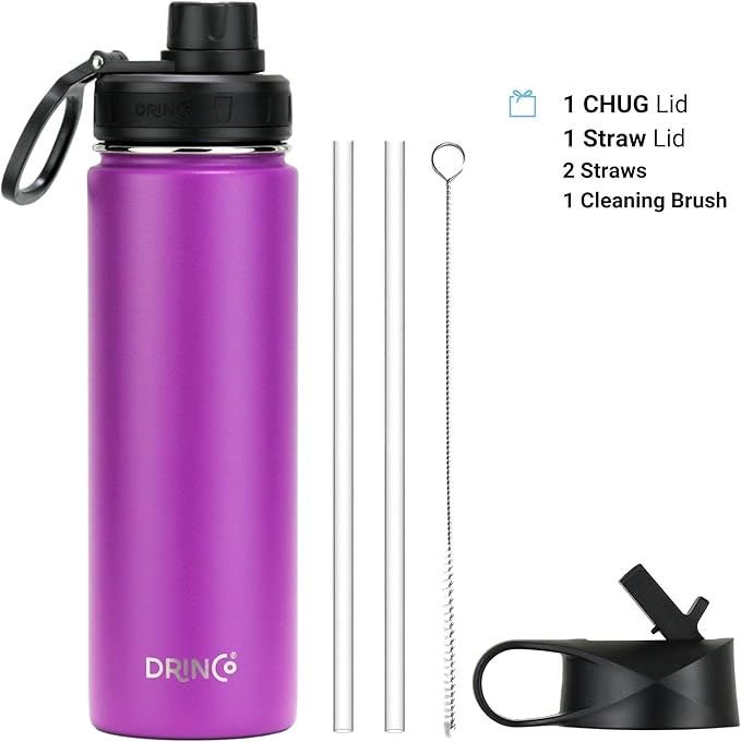 DRINCO Stainless Steel Water Bottle Spout Lid Vacuum Insulated Double Wall Water Bottle Wide Mouth (40oz 32oz 22oz 18oz 14oz) Leak Proof Keep Cold Sport Camping Hiking (22 oz, 22oz Purple)-Ruum Studio Home