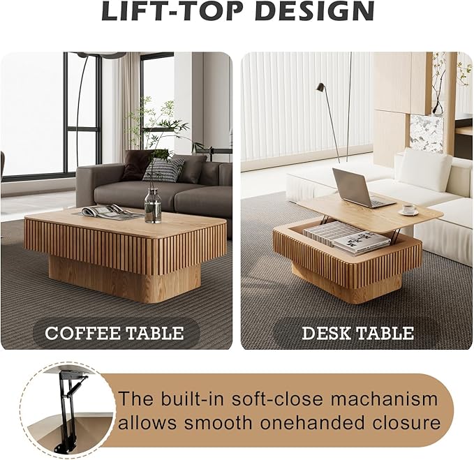 Lift Top Coffee Table with Storage, Solid Wood Coffee Table with Adjustable Height, Fluted Center Table Accent Tea Table for Living Room, Apartment, Office (38.6" Natuall)-Ruum Studio Home