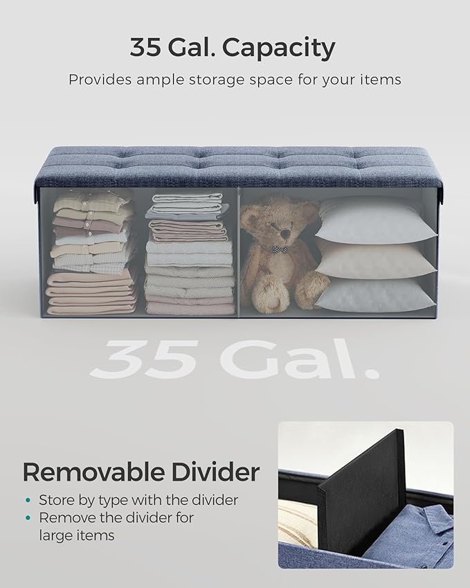 SONGMICS MAZIE Collection - 43 Inches Folding Storage Ottoman Bench, Ottoman Foot Rest, End of Bed Bench, Storage Chest, Load 660 lb, for Living Room, Bedroom, Entryway, Misty Blue ULSF077Q01-Ruum Studio Home