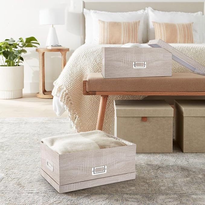 Briful Set of 2 Rustic Wood Grain Storage Boxes with Lids – Stackable Rectangular Organizer Bins, 14'' + 13'' Set Decorative Storage Containers for Bedroom, Living Room, Gifts-Ruum Studio Home