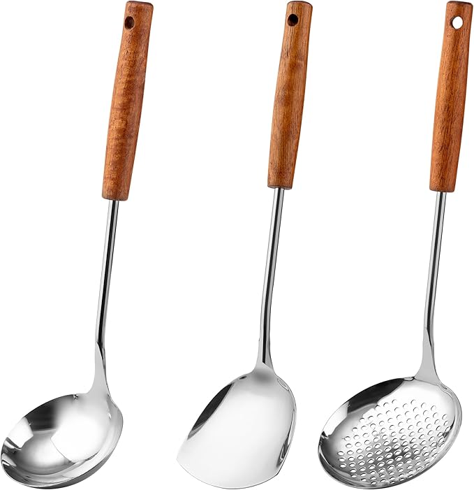 FJNATINH Wok Spatula - Ladle - Skimmer - Stainless Steel Wok Tools,Wok Utensil,Mirror Polished Stainless Steel Cooking Utensils 14.6-15.2" Kitchen Utensils Cookware, Pack of 3-Ruum Studio Home