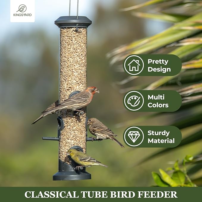 Kingsyard 2 Pack Tube Feeders with 6 Feeding Ports for Outdoors Hanging, Premium Hard Plastic Weatherproof & Steel Hanger, Attracting for Wild Birds (Black)-Ruum Studio Home