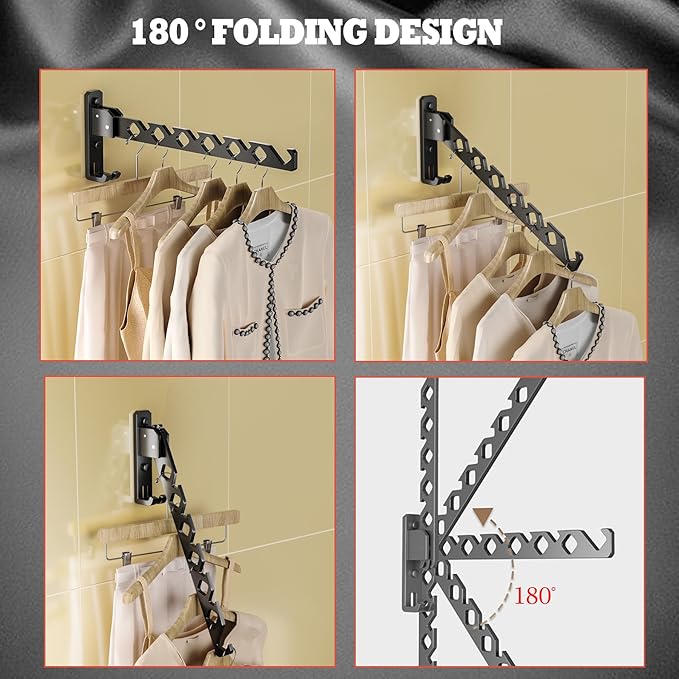 Dr.DJ Wall Mount Coat Hanger Holder Black Clothes Drying Organizer Rack Garment Hooks Aluminium Retractable Folding Indoor Wall Mounted Hanger Space Saver for Laundry Room Bedroom Black 2Pack-Ruum Studio Home