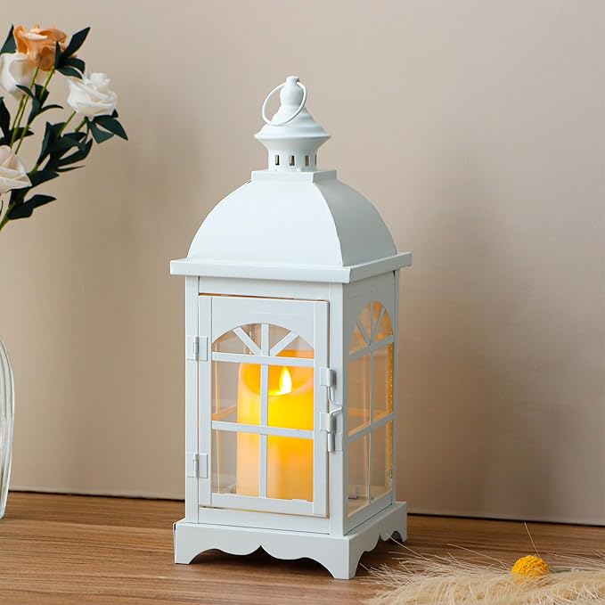 TRIROCKS Decorative Vintage Candle Lanterns 14.5" H Farmhouse Outdoor Hanging Lanterns with Tempered Glass for Porch, Balcony, Patio, Home, Centerpieces, Indoor, Outdoor(White)-Ruum Studio Home