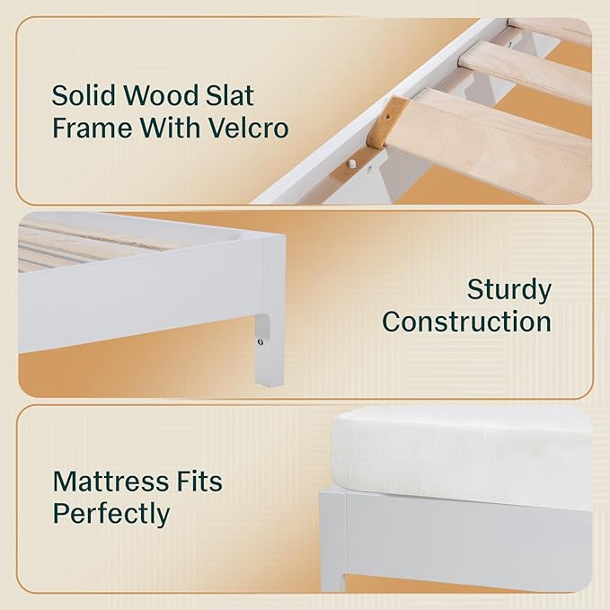 Bme Madia Bed Frame, Mid Century Queen Bed Frame and Headboard with Unique & Trendy Fluted Pattern, 800lbs Capacity Platform Bed Frame, Solid Acacia Wood Slat Support, Easy Assembly White Bed Frame-Ruum Studio Home