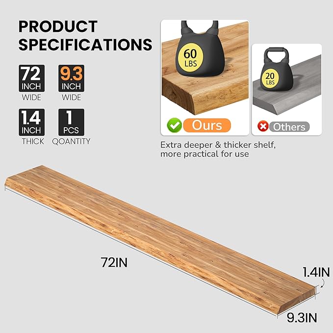 Floating Shelves for Wall, 72"x9.3" Rustic Solid Live-Edge Elm Wood Wall Shelves, Heavy-Duty Floating Shelves with Invisible Brackets for Living Room, Bedroom, and Kitchen, Natural Finish-Ruum Studio Home