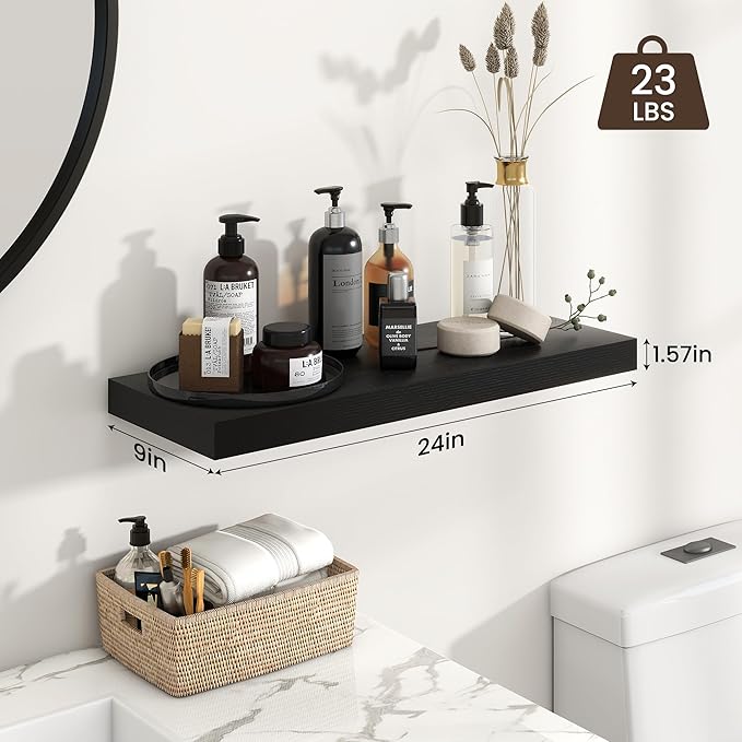 Heimlove 24 inch Floating Shelves for Wall,9.3 inch deep Black Wood Shelves with Invisible Brackets,Wall Mounted Storage & Display Shelves for Bedroom,Living Room,Set of 2-Ruum Studio Home