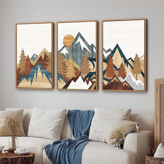 SIGNINART Large Mountain Framed Canvas Wall Art, Boho Sunrise Wilderness Art Prints, Vintage Forest Nature Artwork, Modern Farmhouse Woodcut Style Wall Decor for Living Room Bedroom Office 24"x36"x3-Ruum Studio Home