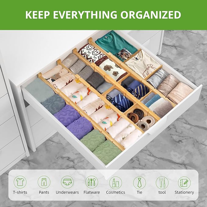 ANTOWIN 4 Pack Expandable Drawer Dividers, 2.2'' High, Extend from 17'' to 22'', Dresser Drawer Organizers, Bamboo Separators for Kitchen, Bedroom, Office, Bathroom, with 12 Pack Divider Inserts-Ruum Studio Home