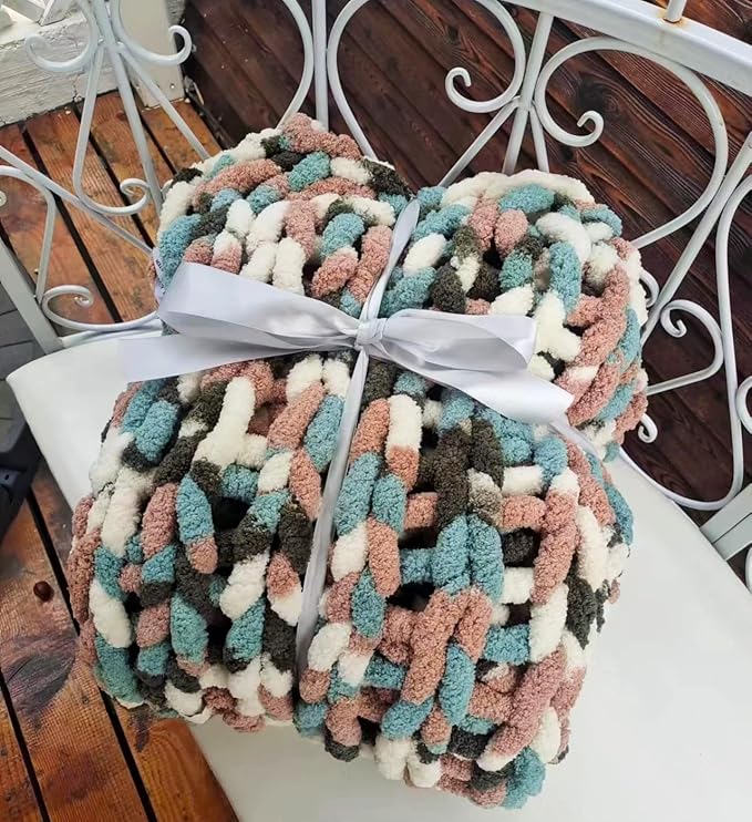 DDL&HEXI Chunky Chenille Blanket 100% Hand Knit with Jumbo Chenille Yarn (50"x60") Super Soft Large Throw Bed Blanket for Couch, Sofa, Home Decor - Machine Washable (02)-Ruum Studio Home