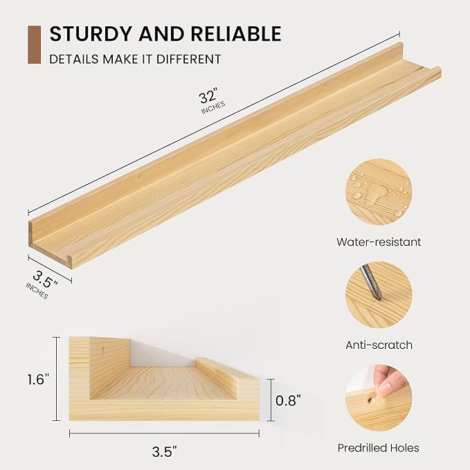 Picture Ledge Shelf, Solid Pine Wood Floating Shelves Set of 2, 32 Inches Nursery Book Shelves for Toys Storage, Kids Bookshelf Wall Mounted for Living Room Decor Photo Frames, Unfinished Natural-Ruum Studio Home