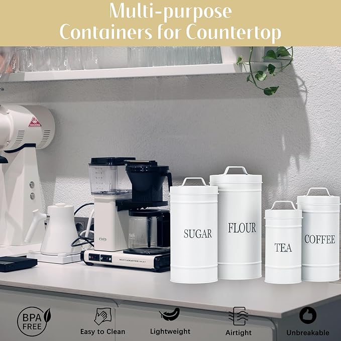Farmhouse Canister Set for Kitchen Countertop, Airtight Nesting Kitchen Canisters Set of 4, Mental Flour Sugar Coffee Tea Storage Canister Jars, Vintage Country Design, White-Ruum Studio Home