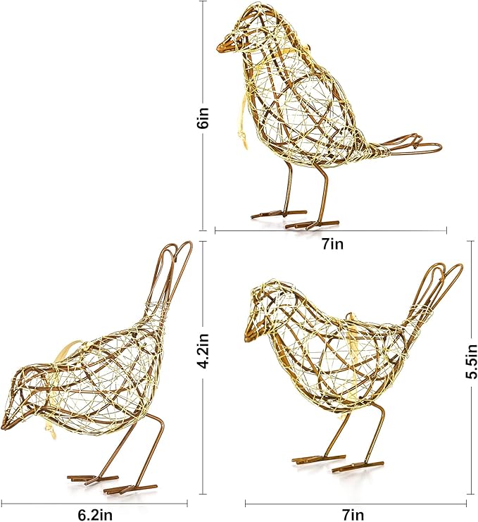 Artisan Handmade Gold-Wire Woven Bird Statues Trio Table Decor- Modern Farmhouse Shelf Decor with Hanging Chain, Multi-Pose Metal Bird Figurines for Home Office & Holiday Display-Ruum Studio Home